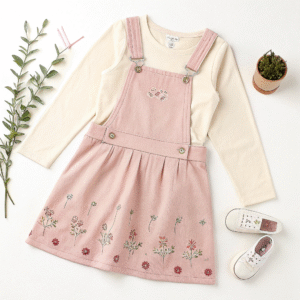 Light Pink Floral Dungaree Dress with Cream T-Shirt