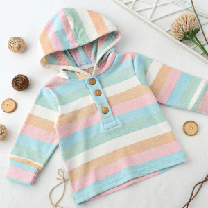 Pastel Striped Hooded Shirt with Wooden Buttons