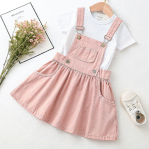 Soft Pink Cotton Dungaree Dress with White T-Shirt